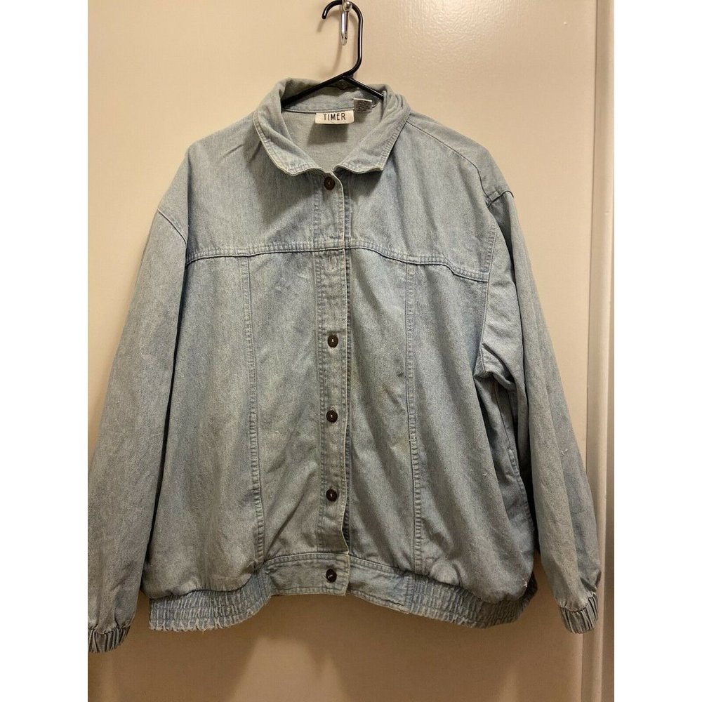 Vintage Sport Timer Jean Jacket Women XL Denim Light Blue Wash Classic Button Up